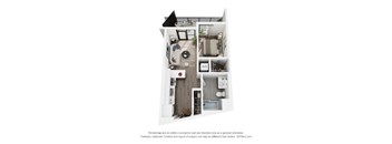 A 3D floor plan of a small apartment with a kitchen, living room, and bathroom.