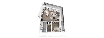 A 3D floor plan of a small apartment with a kitchen, living room, and bathroom.