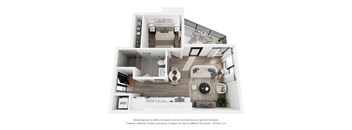 A 3D floor plan of a house with a kitchen, living room, and bathroom.
