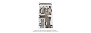 A floor plan of a small apartment with a kitchen, living room, and bedroom.