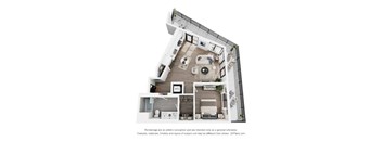 A 3D floor plan of a house with a kitchen, living room, and two bedrooms.