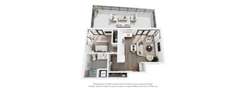A 3D floor plan of a house with a kitchen, living room, and bathroom.