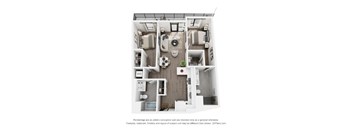 A floor plan of a small apartment with a kitchen, living room, and two bedrooms.