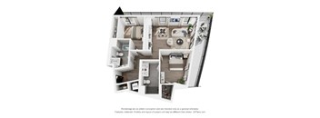 A 3D floor plan of a house with a kitchen, living room, and bathrooms.