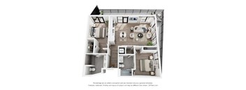 A 3D floor plan of a house with a kitchen, living room, dining room, and two bedrooms.