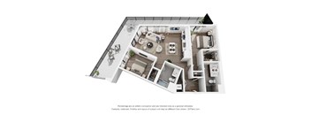 A 3D floor plan of a house with a kitchen, living room, and bathroom.