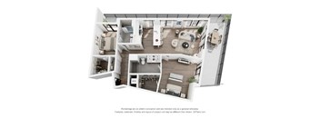 A 3D floor plan of a modern apartment with a kitchen, living room, and bedrooms.
