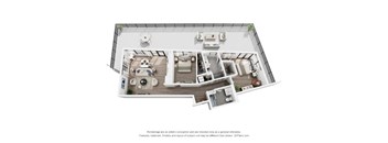 A 3D floor plan of a house with a kitchen, living room, and two bedrooms.