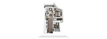 A 3D floor plan of a house with a kitchen, living room, and bedrooms.