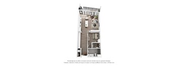 A 3D floor plan of a small apartment with a kitchen, living room, and bathroom.