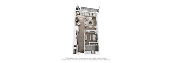 A 3D floor plan of a small apartment with a kitchen, living room, and bathroom.