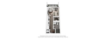 A floor plan of a small apartment with a kitchen, living room, and bathroom.