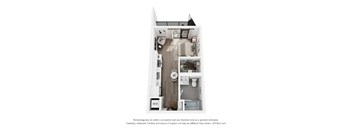 A floor plan of a small apartment with a kitchen, living room, and bathroom.