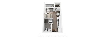A white 3D floor plan of a small apartment with a kitchen, living room, and bathroom.