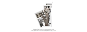 A 3D floor plan of a small apartment with a kitchen, living room, and bathroom.