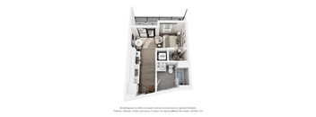 A 3D image of a small apartment with a kitchen, living room, and bathroom.