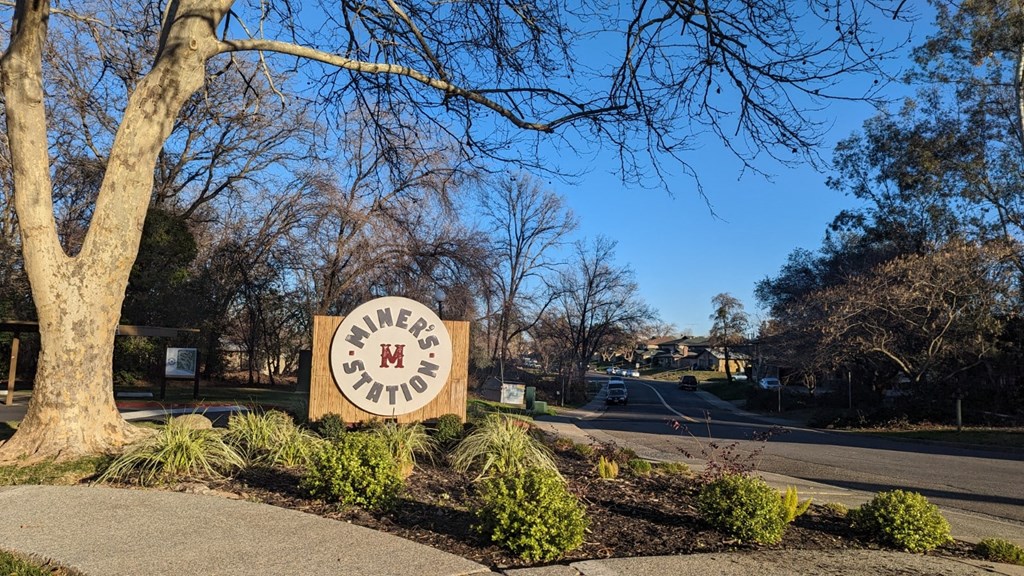 a sign in front of a park with a tree