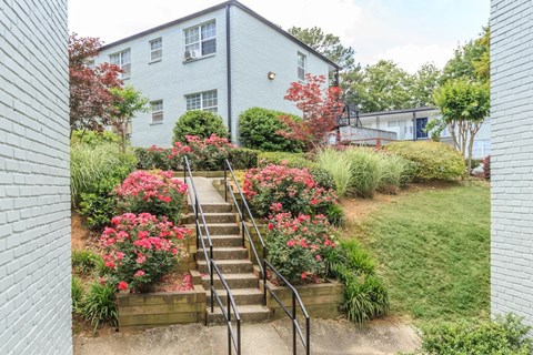 a staircase leading up to a blue house with pink flowers in front of it