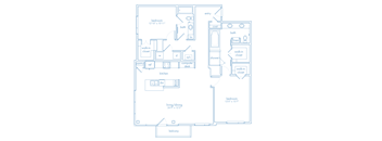 A floor plan of a home with two bedrooms, a living area, a kitchen, a bathroom, a pantry, a walk-in closet, a computer desk, and a balcony.