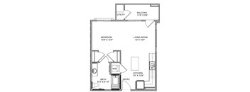 A floor plan of a small apartment with a bedroom, living room, kitchen, bathroom, and utility area.