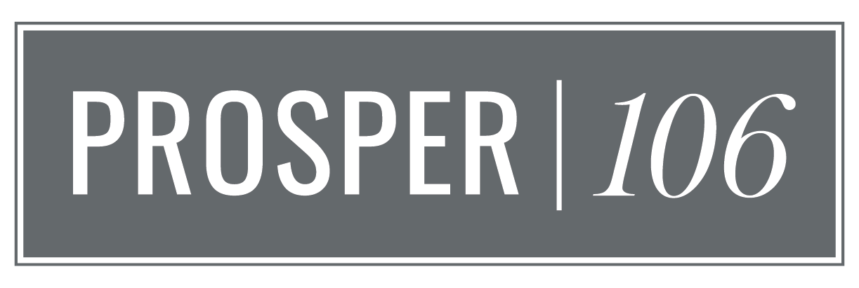 A black and white image with the word "PROSPER" and the number "106" separated by a vertical line.