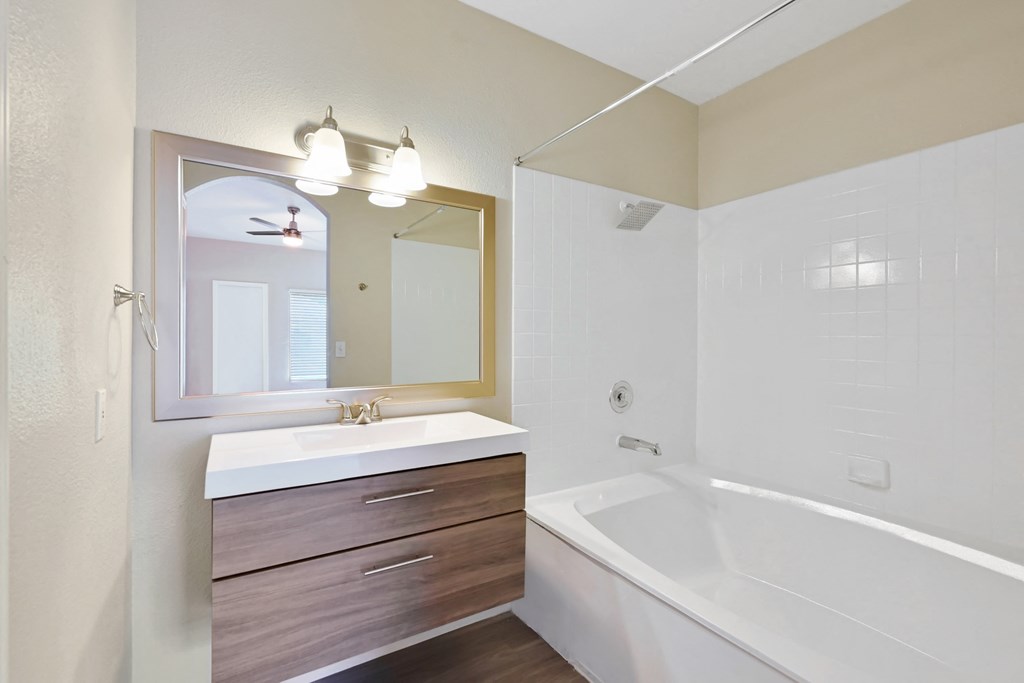 a bathroom with a sink mirror and bathtub