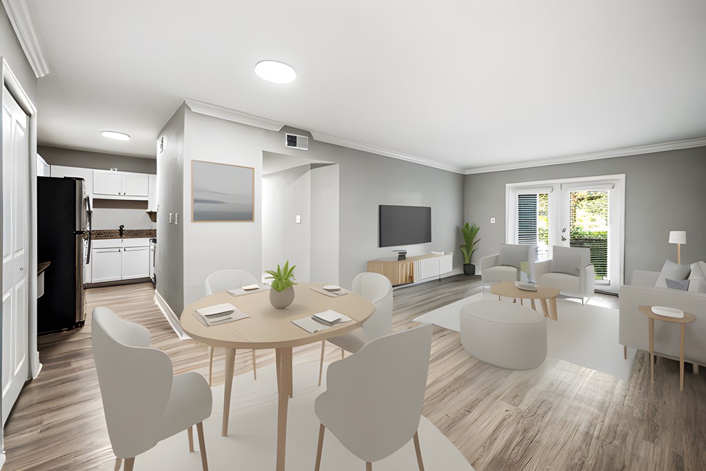a rendering of a living room with a table and chairs