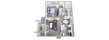 A top-down view of a modern apartment layout with a living room, kitchen, and bedroom.