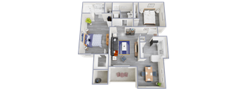 a 3d rendered floor plan of a two bedroom apartment