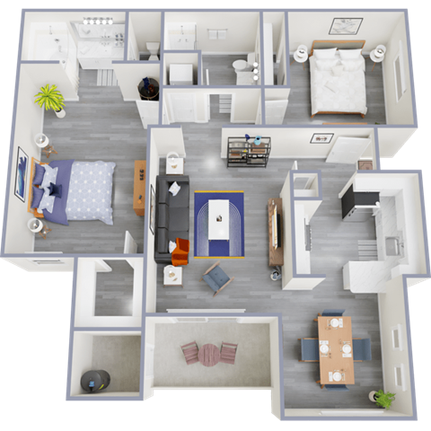 a 3d rendered floor plan of a two bedroom apartment