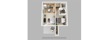 A floor plan of a small apartment with a kitchen, living room, and bathroom.