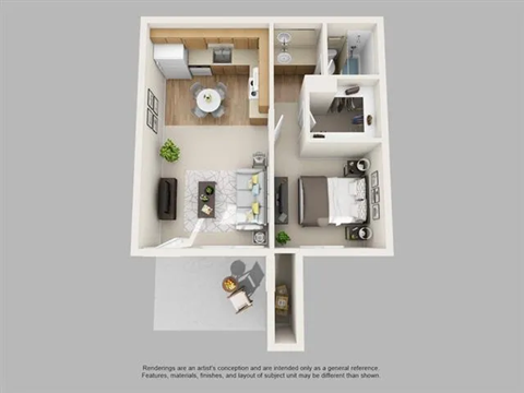 A floor plan of a small apartment with a kitchen, living room, and bathroom.