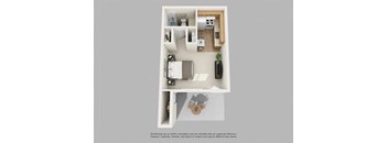 A floor plan of a small apartment with a kitchen, living room, and bathroom.
