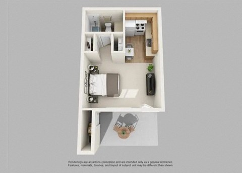 A floor plan of a small apartment with a kitchen, living room, and bathroom.