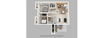 A 3D rendered image of a small apartment layout.
