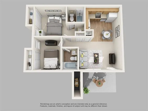 A 3D rendered image of a small apartment layout.