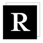 A black square with a green border and a white letter R in the center.