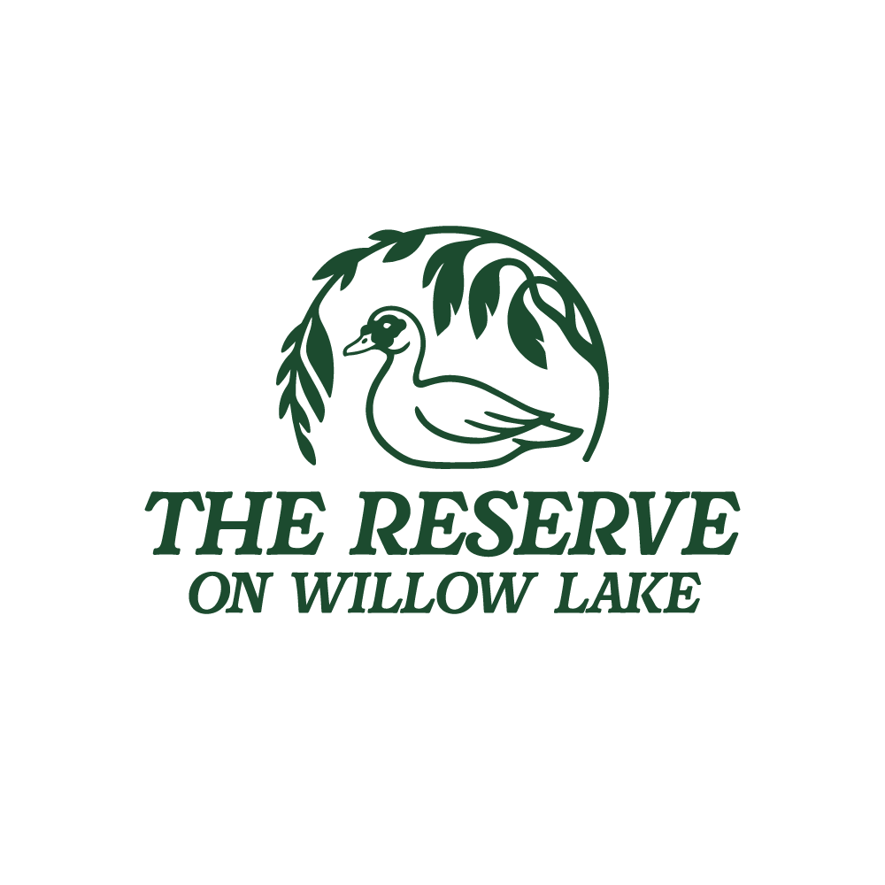 A logo with a duck and the text "The Reserve on Willow Lake".