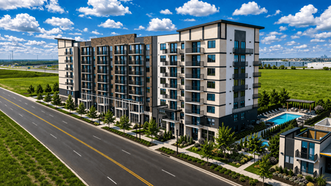 A modern apartment building with a pool and a road in front.