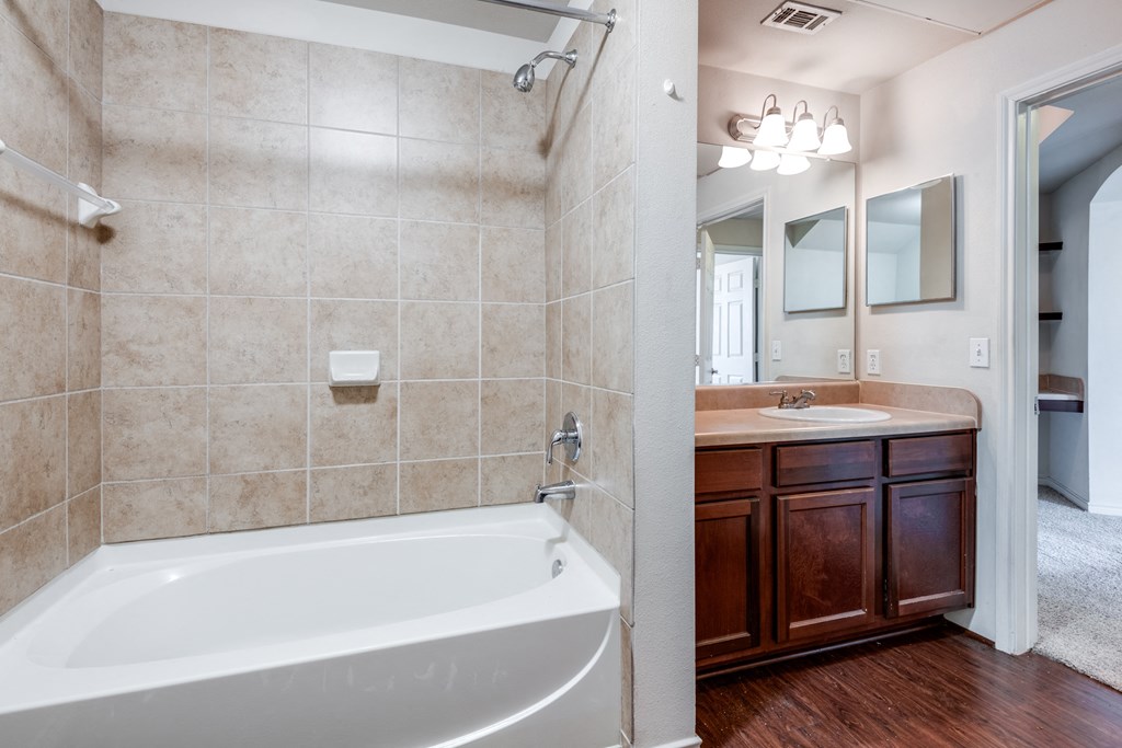 a bathroom with a tub and a sink and a mirror