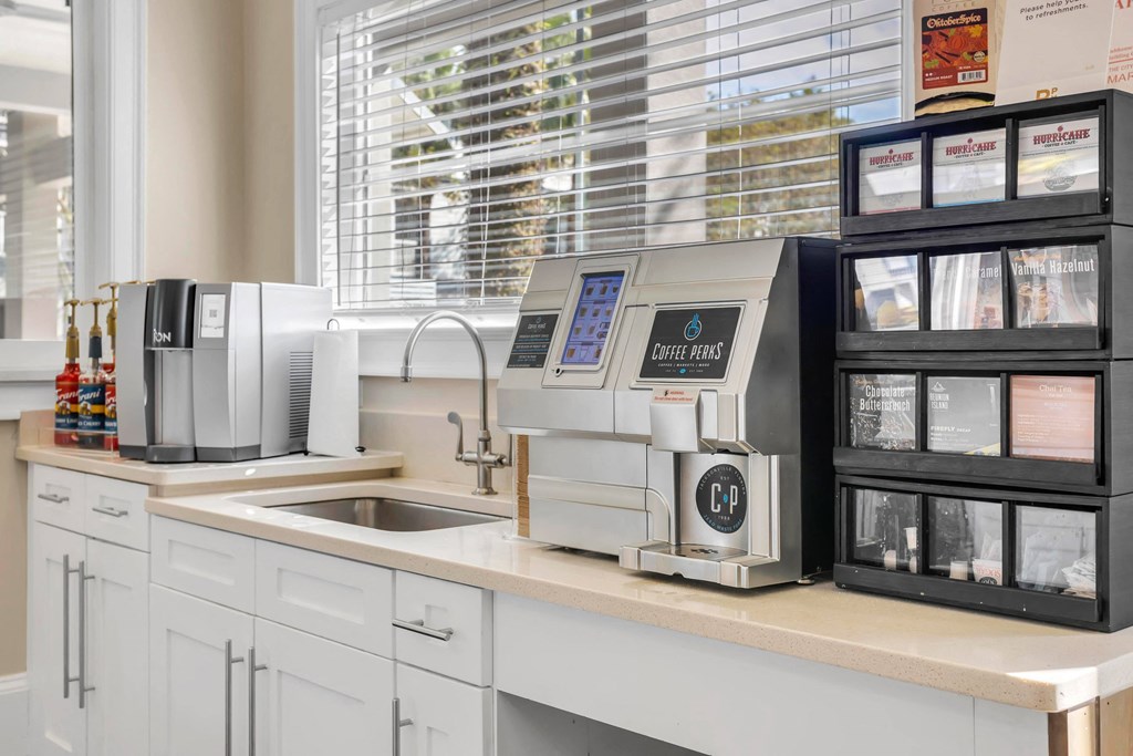 a kitchen with a sink and a coffee machine on a counter