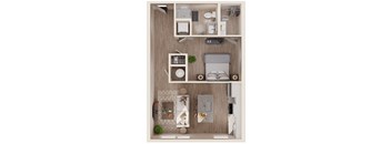 A top-down view of a small, neatly organized apartment with a bed, a desk, and a kitchenette.