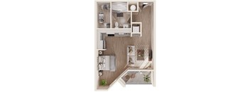 A top-down view of a small apartment with a kitchen, living room, and bathroom.