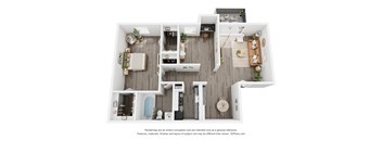 A 3D floor plan of a house with a kitchen, living room, and two bedrooms.
