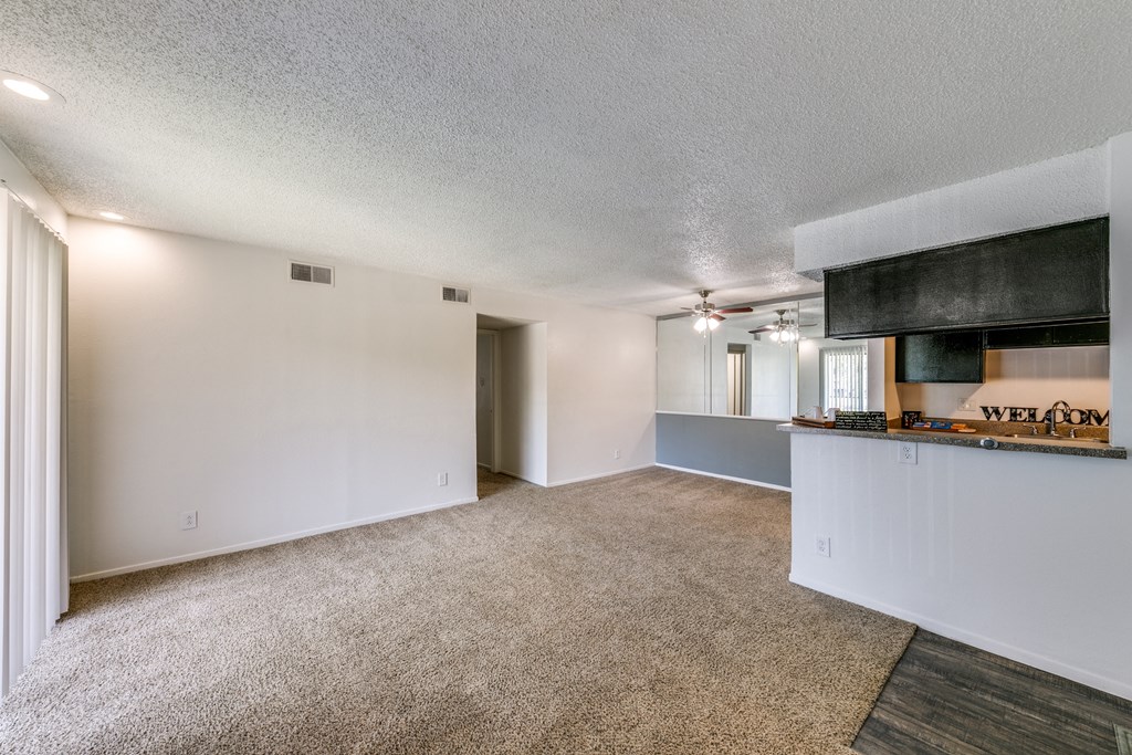the living room and kitchen of an apartment with carpeting and a kitchen counter top