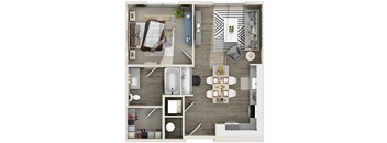 A top-down view of a modern apartment layout with a kitchen, living room, dining area, and bathroom.