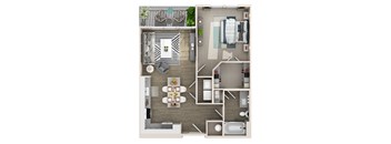 A floor plan of a house with a kitchen, living room, dining room, and bathroom.