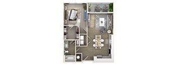 A floor plan of a house with a kitchen, living room, dining room, and bathroom.