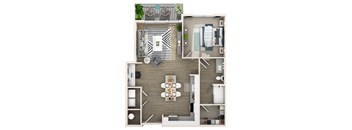 A top-down view of a modern apartment layout with a kitchen, living room, dining area, and bedrooms.