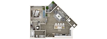 A top-down view of a house layout with a kitchen, living room, dining area, and bathroom.